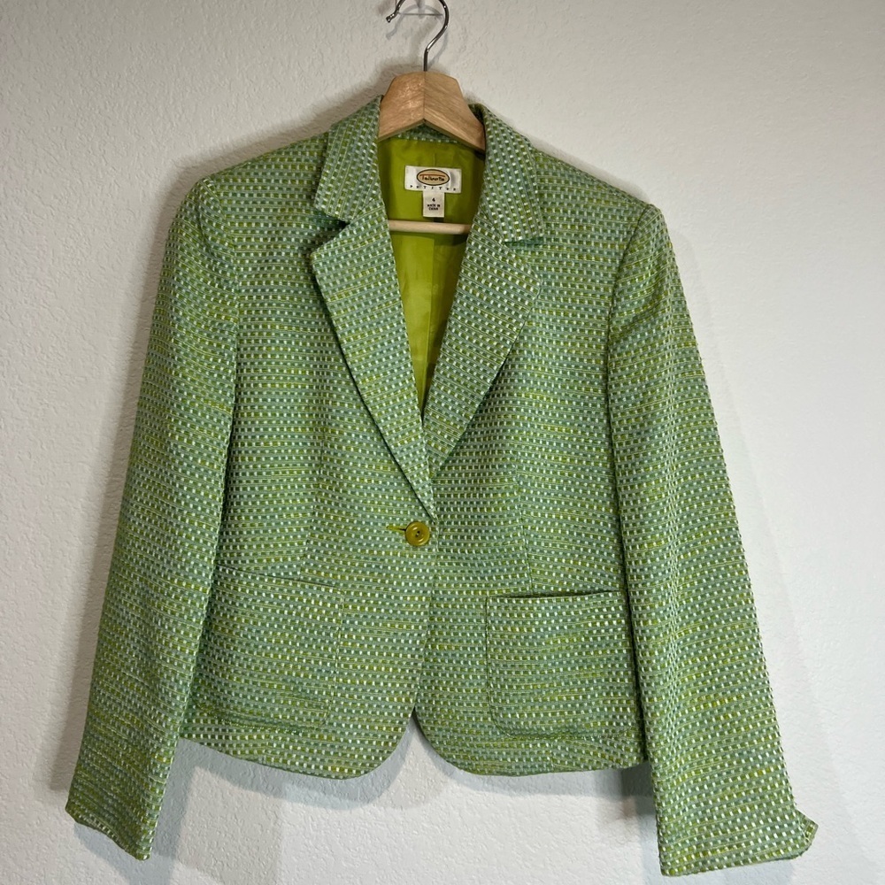 Talbots petites Lime Green Single Button Tweed Blazer Jacket 4 Fully Lined
